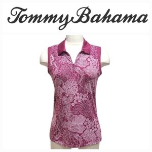 Tommy Bahama Sleeveless Half-Zip UPF Polo Top in Burgundy Coral Reef Print Sz S